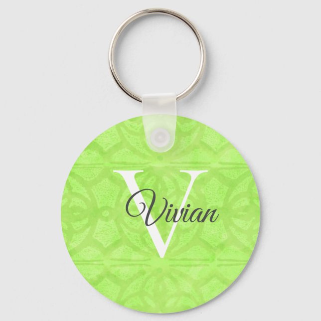 Lime Green Watercolor Monogram Name Key Ring (Front)