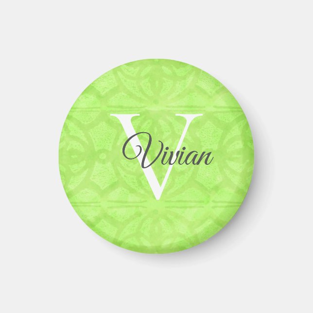Lime Green Watercolor Monogram Name Magnet (Front)