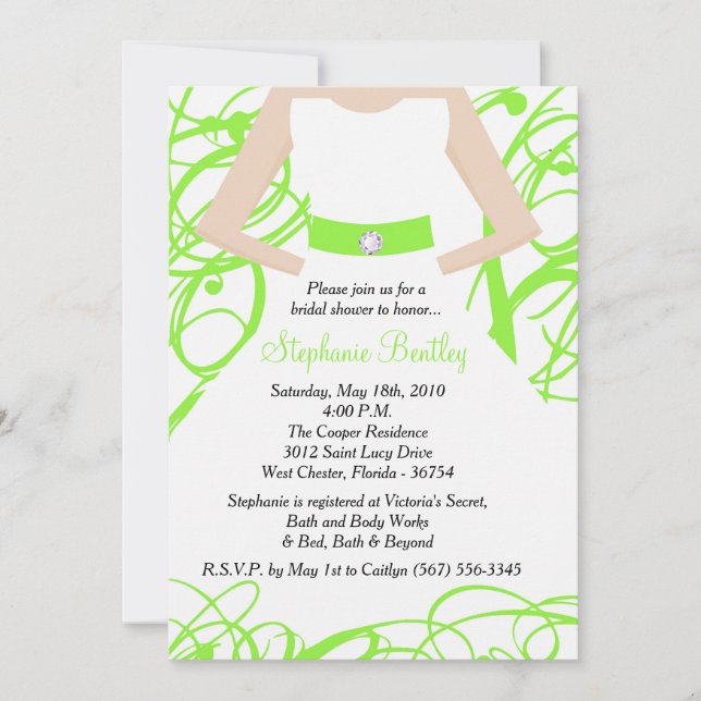 Lime Green Wedding Dress Bridal Shower Invitation (Front)