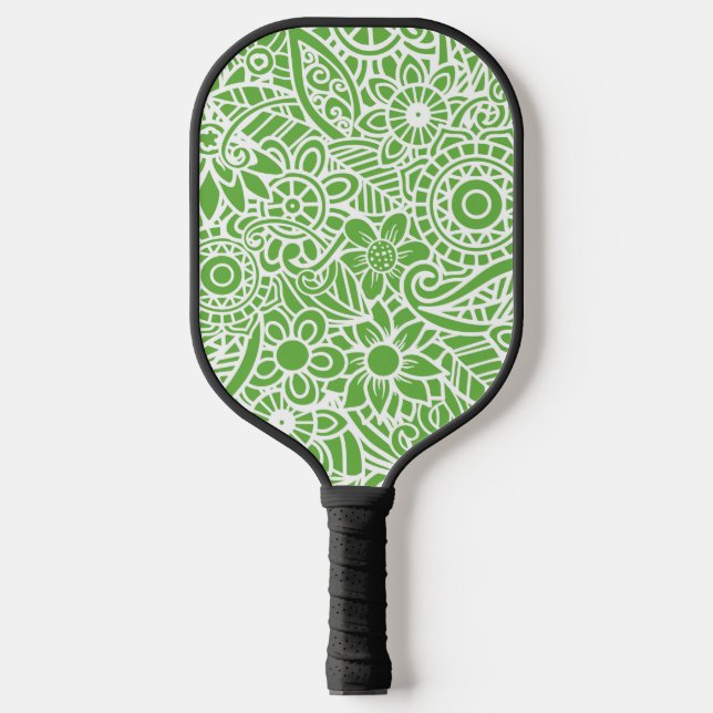 Lime Green & White Abstract Floral Hawaiian Pickleball Paddle (Front)