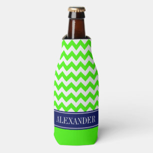Lime Green White Chevron CB Navy Name Monogram Bottle Cooler