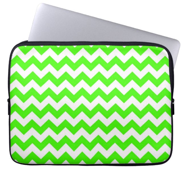 Lime Green White Chevron Zig-Zag Pattern Laptop Sleeve (Front)