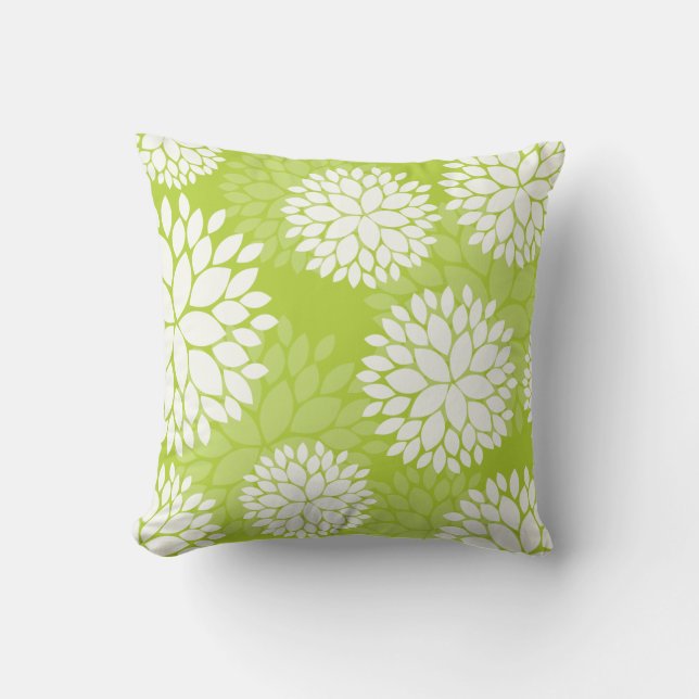 Lime Green White Floral Pattern Cushion (Front)