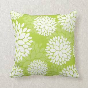 Lime Green White Floral Pattern Cushion