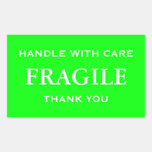 Lime Green/White Fragile. Handle with Care. Rectangular Sticker