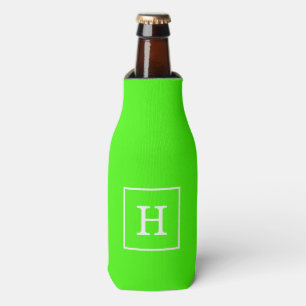 Lime Green White Framed Initial Monogram Bottle Cooler