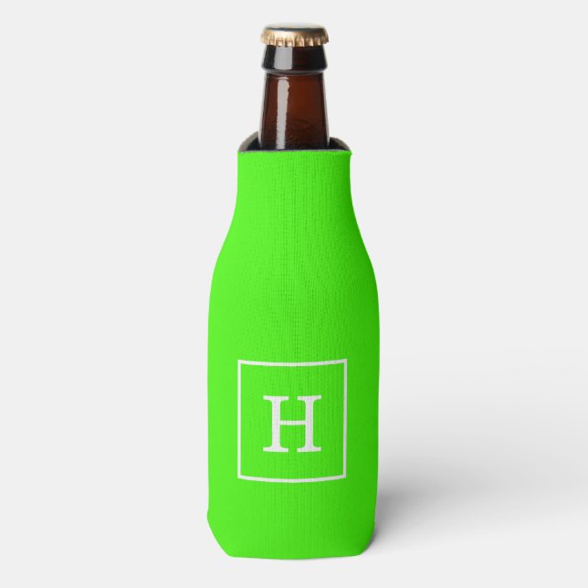 Lime Green White Framed Initial Monogram Bottle Cooler (Bottle Front)