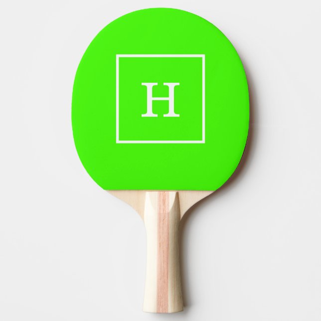 Lime Green White Framed Initial Monogram Ping Pong Paddle (Front)