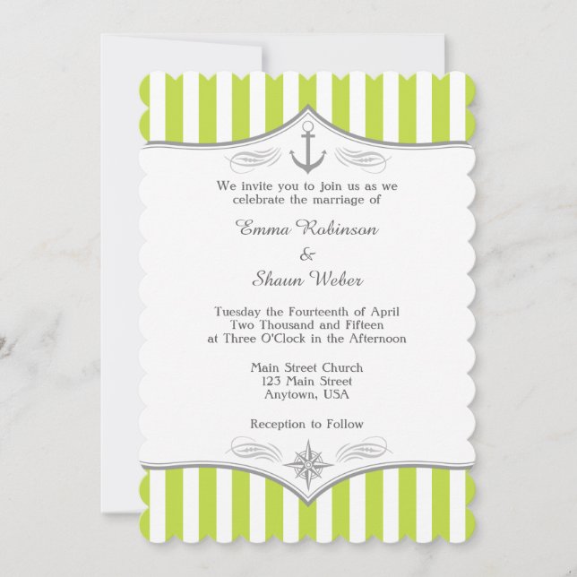 Lime Green White Grey Nautical Wedding Invitation (Front)