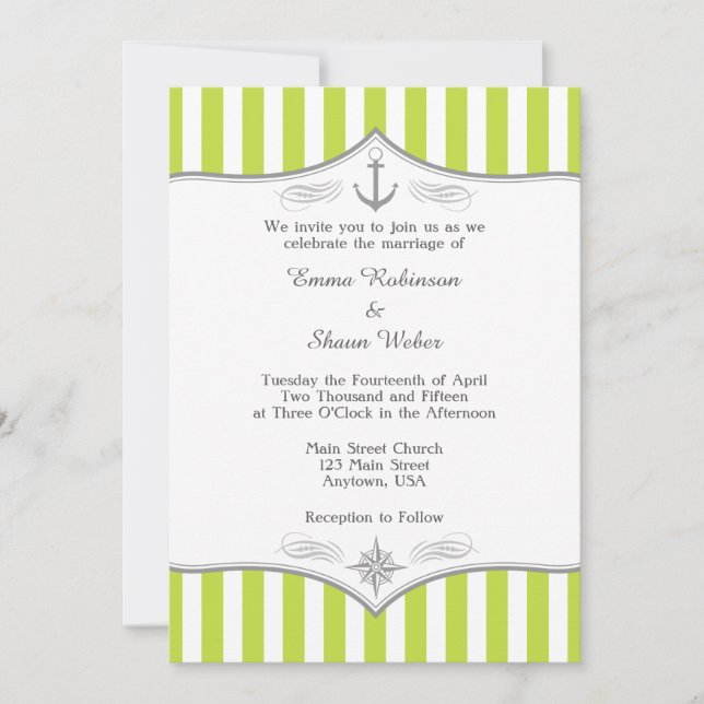 Lime Green White Grey Nautical Wedding Invitation (Front)