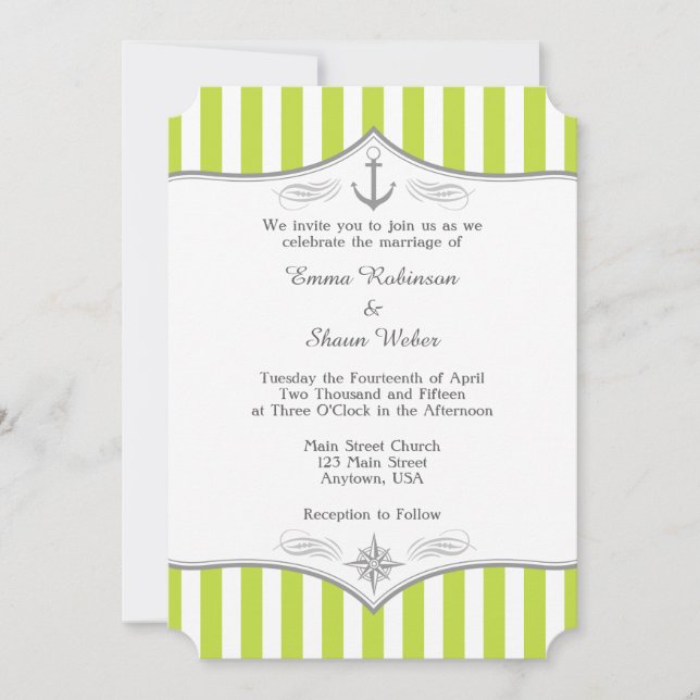 Lime Green White Grey Nautical Wedding Invitation (Front)