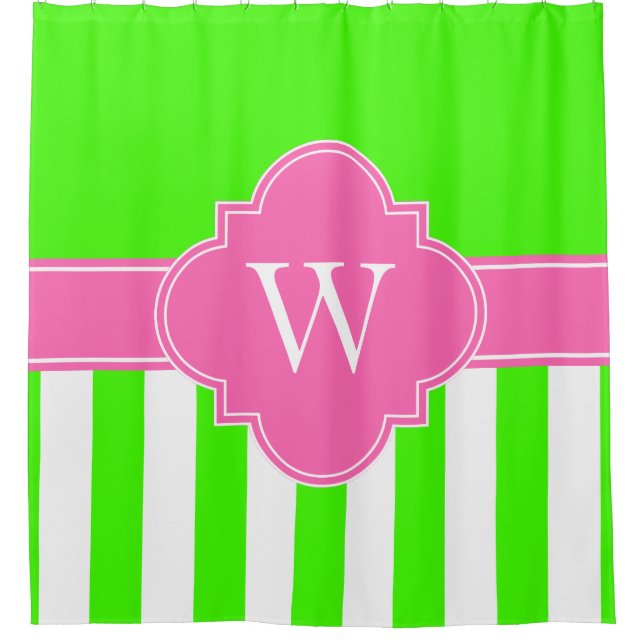 Lime Green White LG Stripe 1ICBR Hot Pink Monogram Shower Curtain (Front)