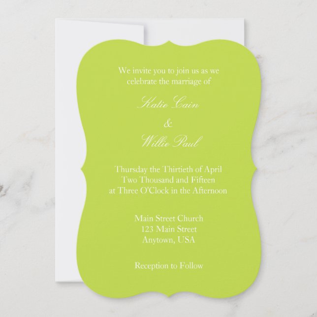 Lime Green White Plain Simple Wedding Invitation (Front)