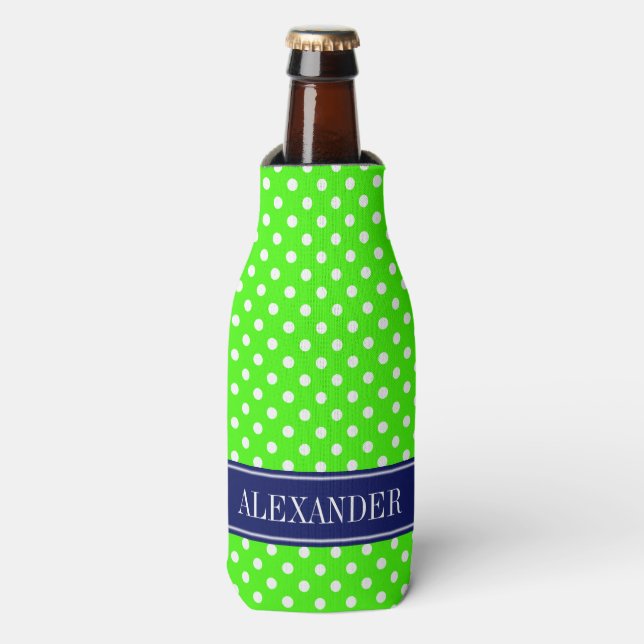 Lime Green White Polka Dots Navy Name Monogram Bottle Cooler (Bottle Front)