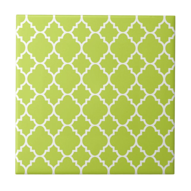 Lime Green White Quatrefoil Moroccan Pattern Tile (Front)