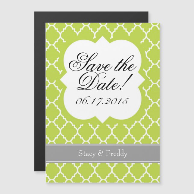 Lime Green White Quatrefoil Save The Date Magnet (Front/Back)