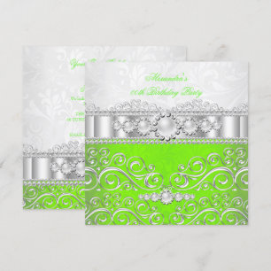 Lime Green White Silver Lace Pearl Birthday Party Invitation