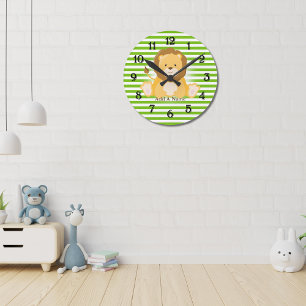 Lime Green-White Stripes•Lion•Custom Round Clock