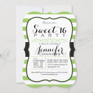 Lime Green & White Stripes Sweet 16 Party Invitation