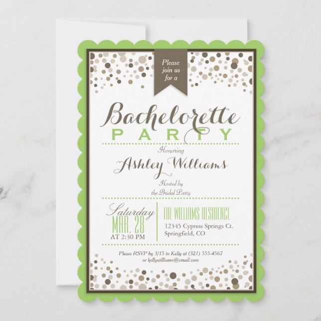 Lime Green, White, Taupe Bachelorette Party Invitation (Front)