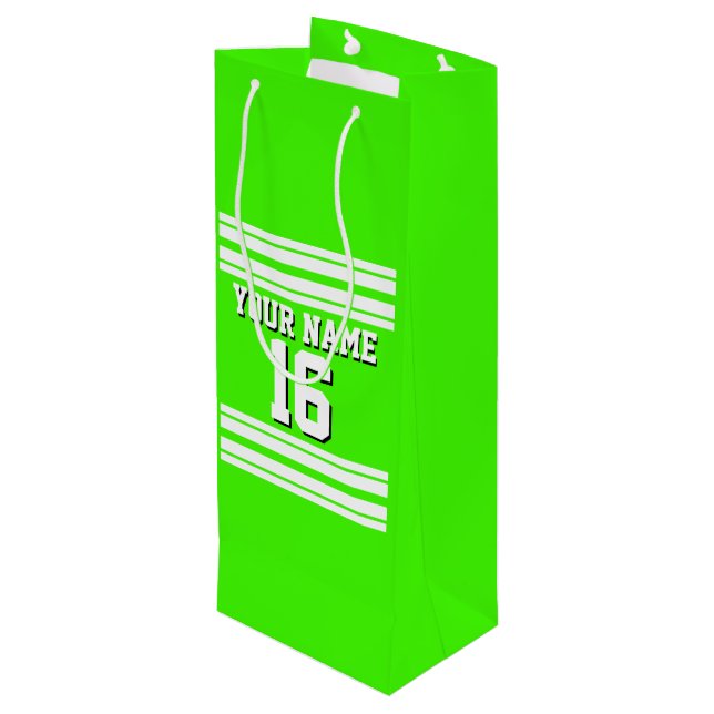 Lime Green White Team Jersey Custom Number Name Wine Gift Bag (Back Angled)