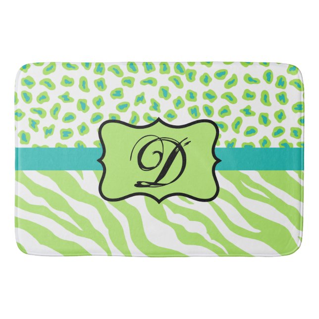 Lime Green White Zebra Leopard Skin Monogram Rug (Front)