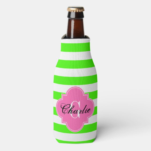 Lime Green Wht Horiz Stripe HP Name Init Monogram Bottle Cooler (Bottle Front)