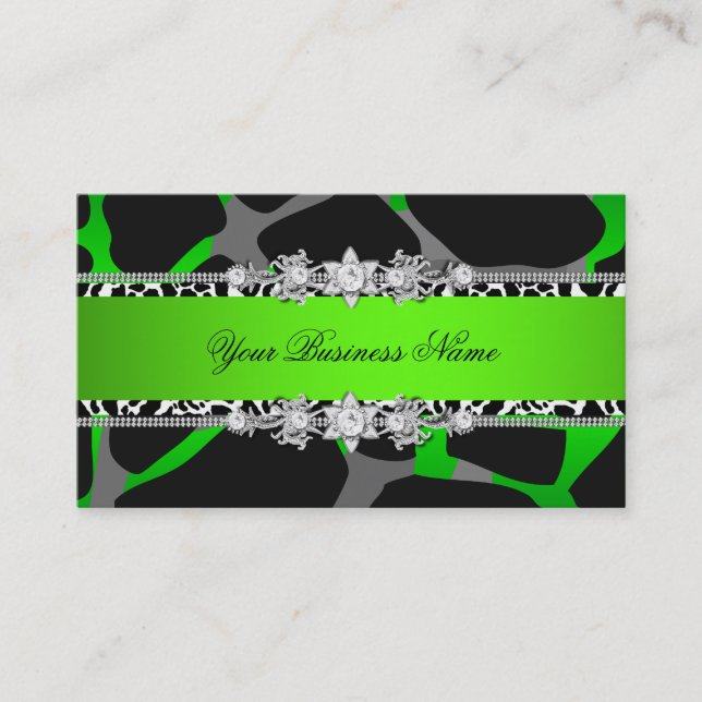 Lime Green Wild Animal Black Jewel Look Image Business Card (Front)