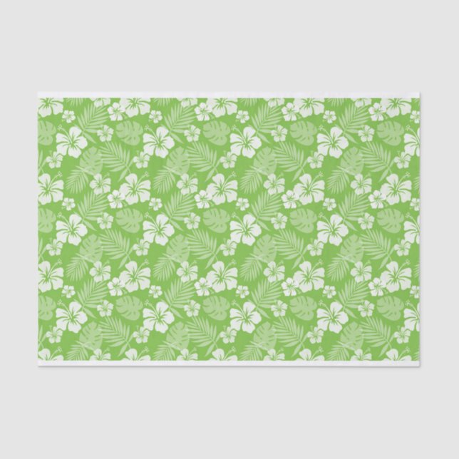 LIME GREEN WITH TROPICAL WHITE HIBISCUS FLOWERS TISSUE PAPER (Front)