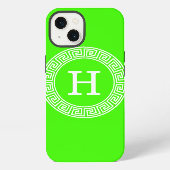 Lime Green Wt Greek Key Rnd Frame Initial Monogram iPhone Case (Back)