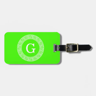 Lime Green Wt Greek Key Rnd Frame Initial Monogram Luggage Tag