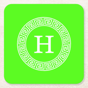 Lime Green Wt Greek Key Rnd Frame Initial Monogram Square Paper Coaster