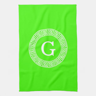 Lime Green Wt Greek Key Rnd Frame Initial Monogram Tea Towel