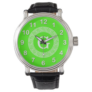 Lime Green Wt Greek Key Rnd Frame Initial Monogram Watch