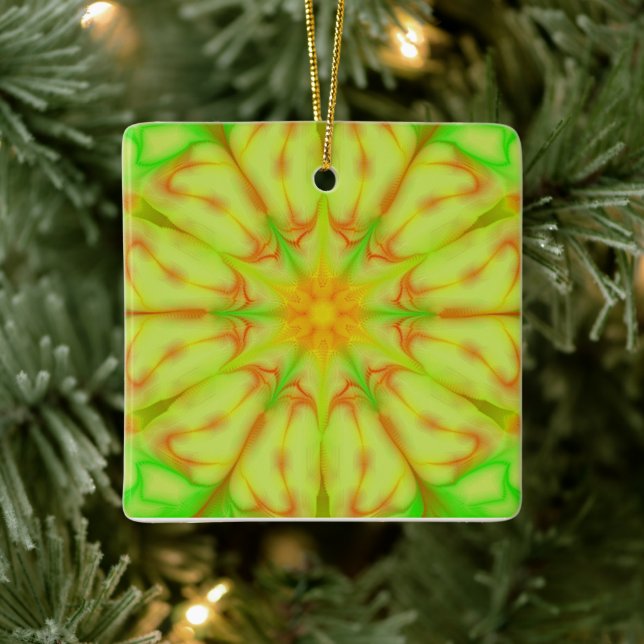 Lime Green Yellow Peach Fractal Mandala Flower Ceramic Ornament (Tree)