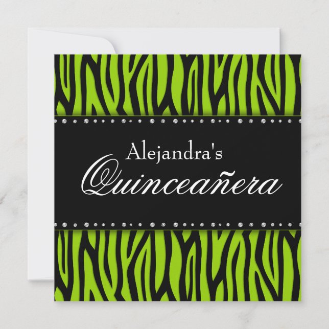Lime Green Zebra Diamonds Quinceanera Invitation (Front)