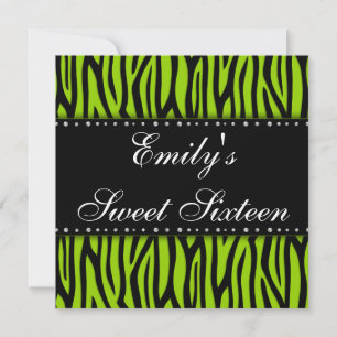 Lime Green Zebra Diamonds Sweet 16 Birthday Invitation