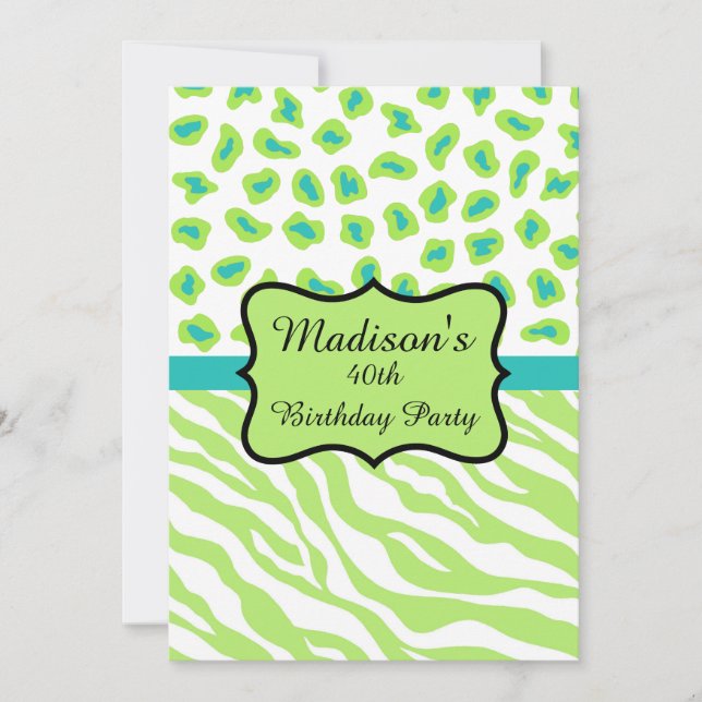 Lime Green Zebra Leopard 40th Birthday Invitation (Front)