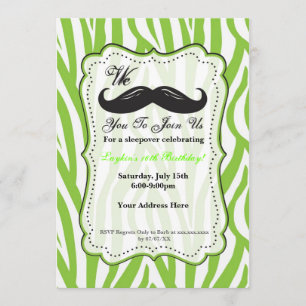 Lime Green Zebra Moustache Birthday Party Invite