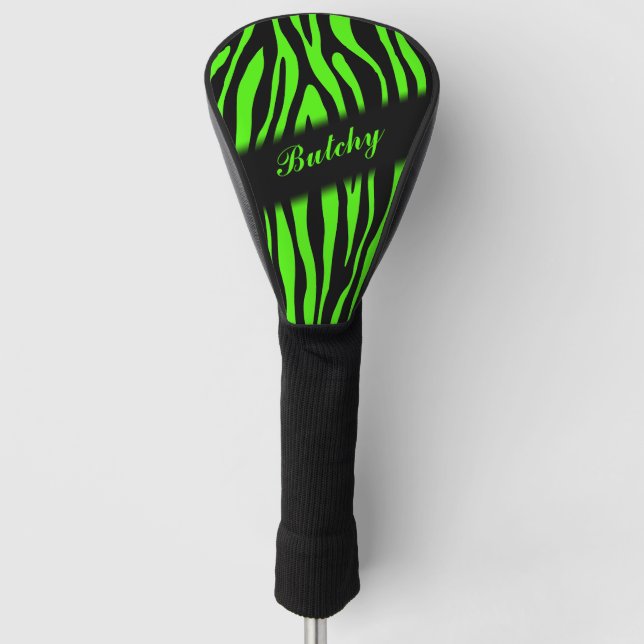 Lime Green Zebra Print Personalised  Golf Head Cover (Front)