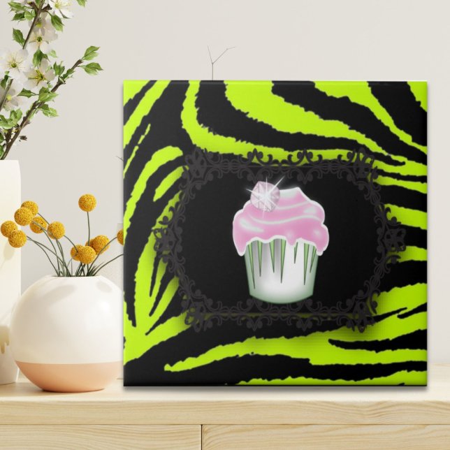 Lime green zebra print Pink Cupcake Sweet Sixteen Tile (Lime green zebra print Pink Cupcake Sweet Sixteen Ceramic Tile)