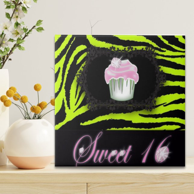 Lime green zebra print Pink Cupcake Sweet Sixteen Tile (Lime green zebra print Pink Cupcake Sweet Sixteen Tile)