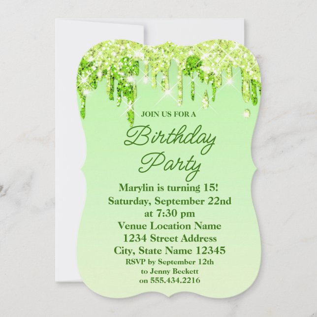 LIME GREENGLITTER DRIP ELEGANT BIRTHDAY INVITATION (Front)