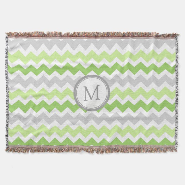 Lime Grey Chevron Pattern Monogram Throw Blanket (Front)