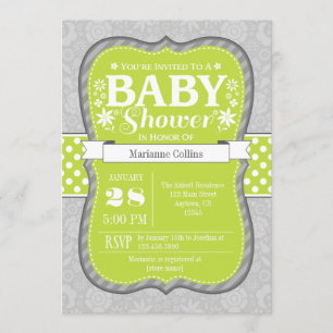 LIme Grey Floral Flower Baby Shower Invitation