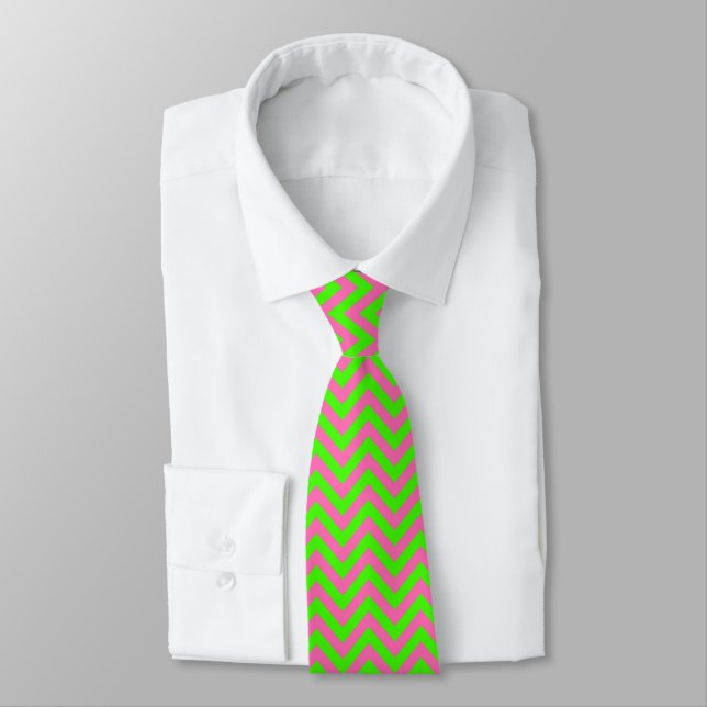 Lime, Hot Pink #2 LG Chevron ZigZag Pattern Tie (Tied)