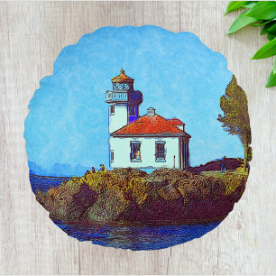 Lime Kiln Lighthouse on Friday Harbour Round Cushion