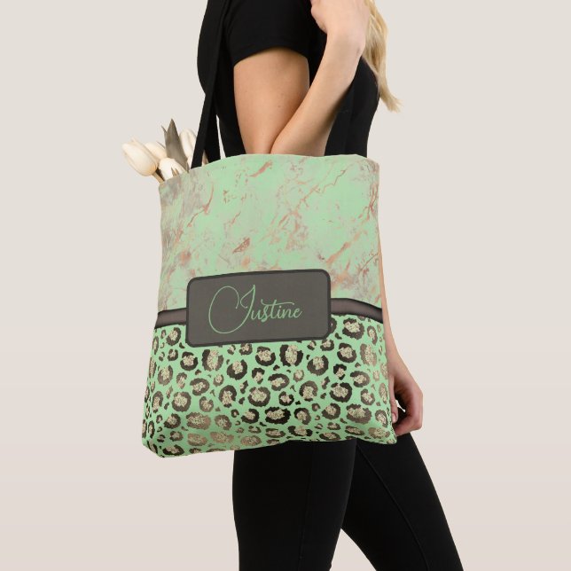 Lime Marble Glittery Gold Leopard Personalised  Tote Bag (Close Up)