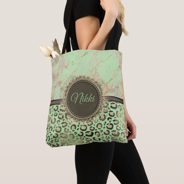 Lime Marble Glittery Leopard Personalised Tote Bag (Close Up)
