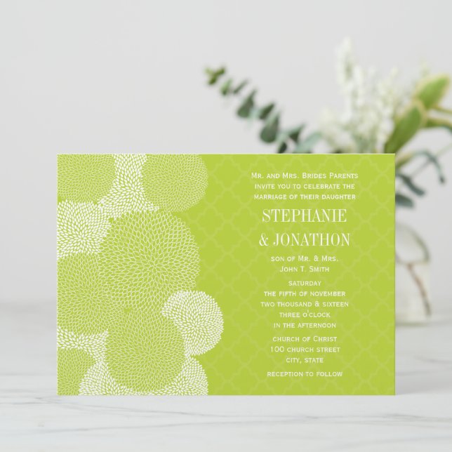 Lime Modern Floral Chrysanthemum Wedding Invitation (Standing Front)